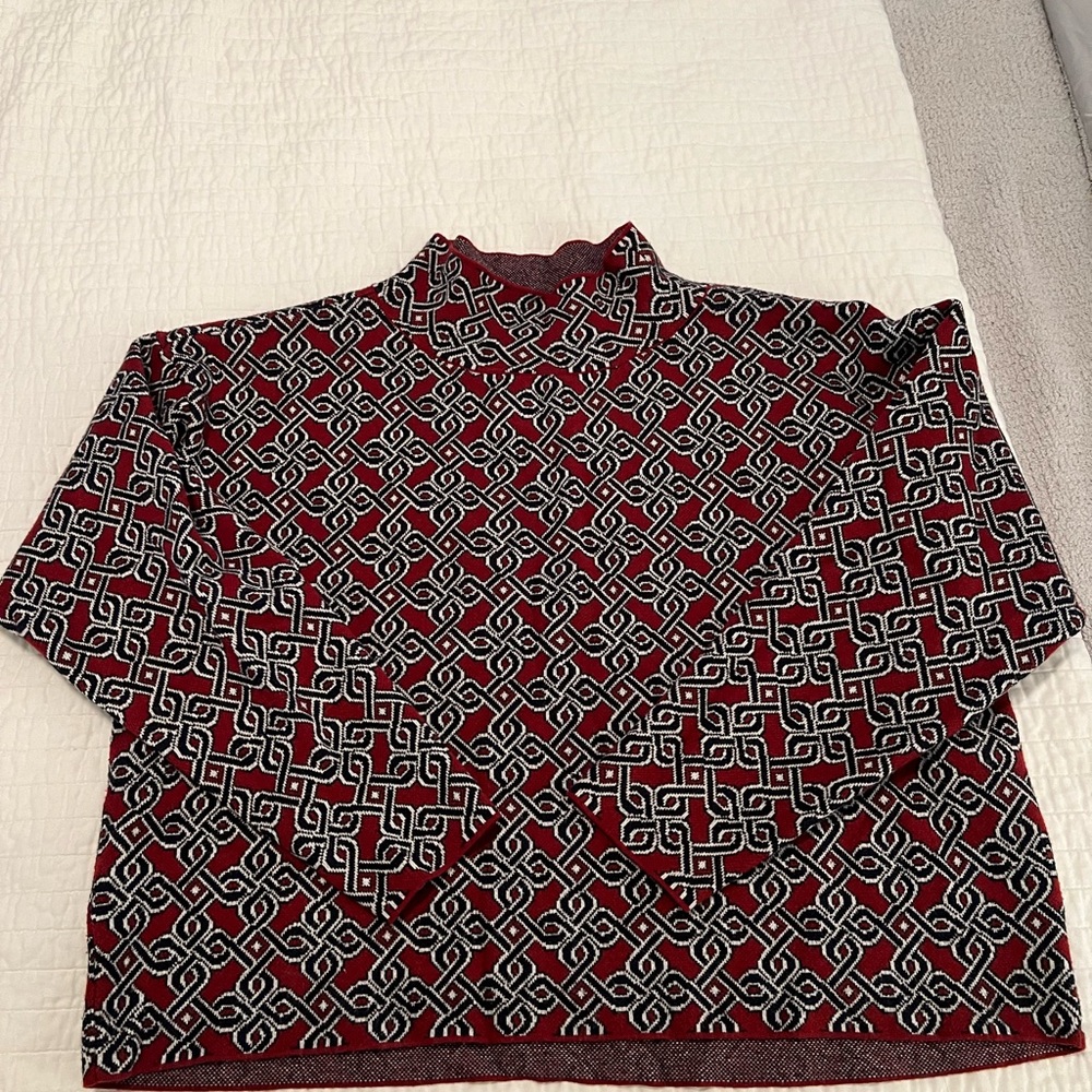 Anthropologie Burgundy, Black & White Patterned Mock Neck Sweater